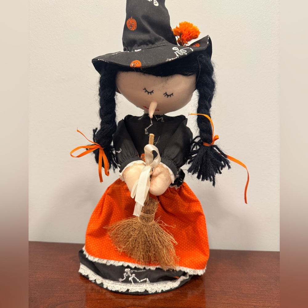 Vintage Handmade Halloween Witch Doll Decor Plus Stand